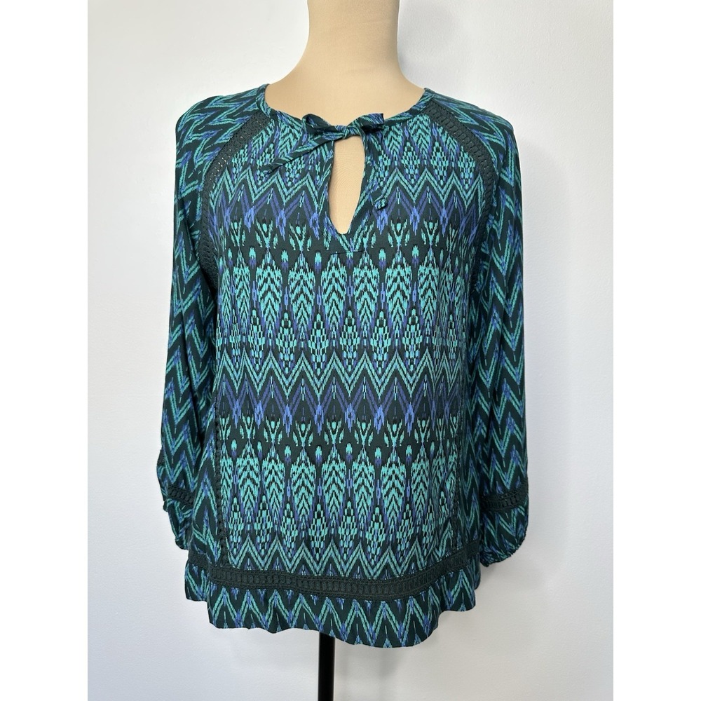Prana Tacana Peasant Top Size S Green Chevron Print Crochet Trim Modal